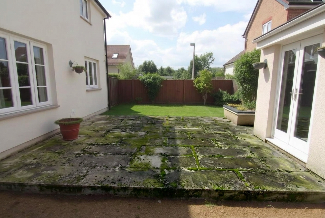 Terras voor de reiniging, met mos en groene aanslag